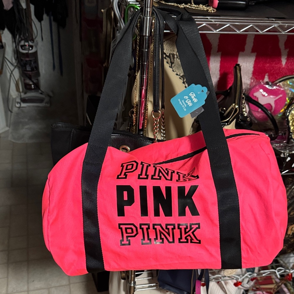 PINK Victoria's Secret Neon Pink Duffle with Black Straps